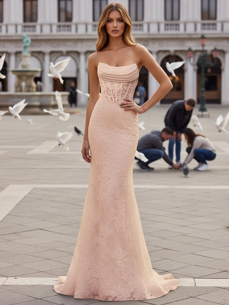 Champagne Strapless Lace Mermaid Long Corset Prom Dress