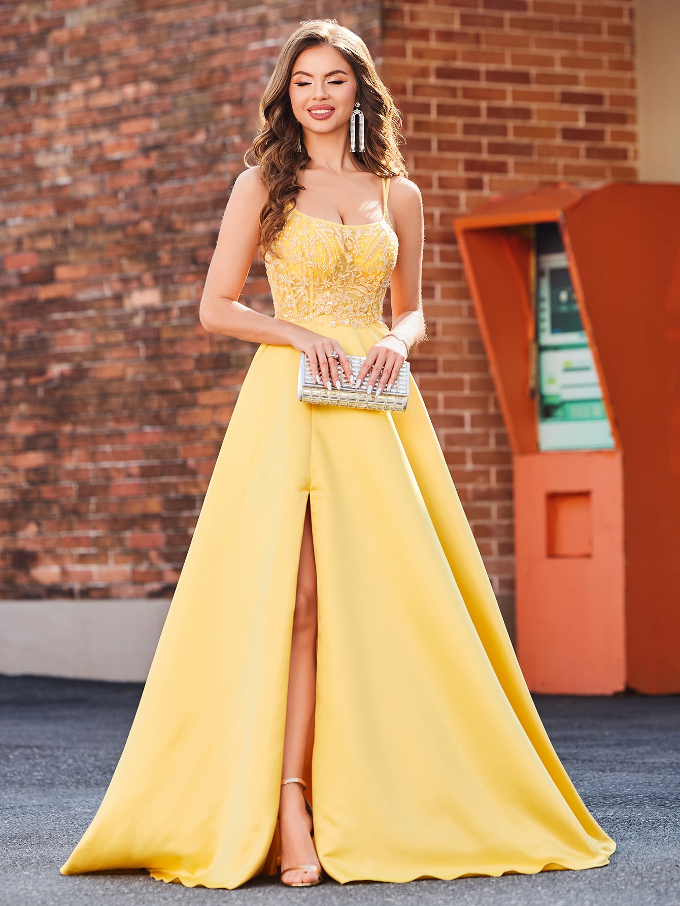 Sheer Bodice Beaded A-Line Prom Dress With Slit - Yellow Worldprom Sheer Bodice Beaded A-Line Prom Dress With Slit - Yellow Worldprom