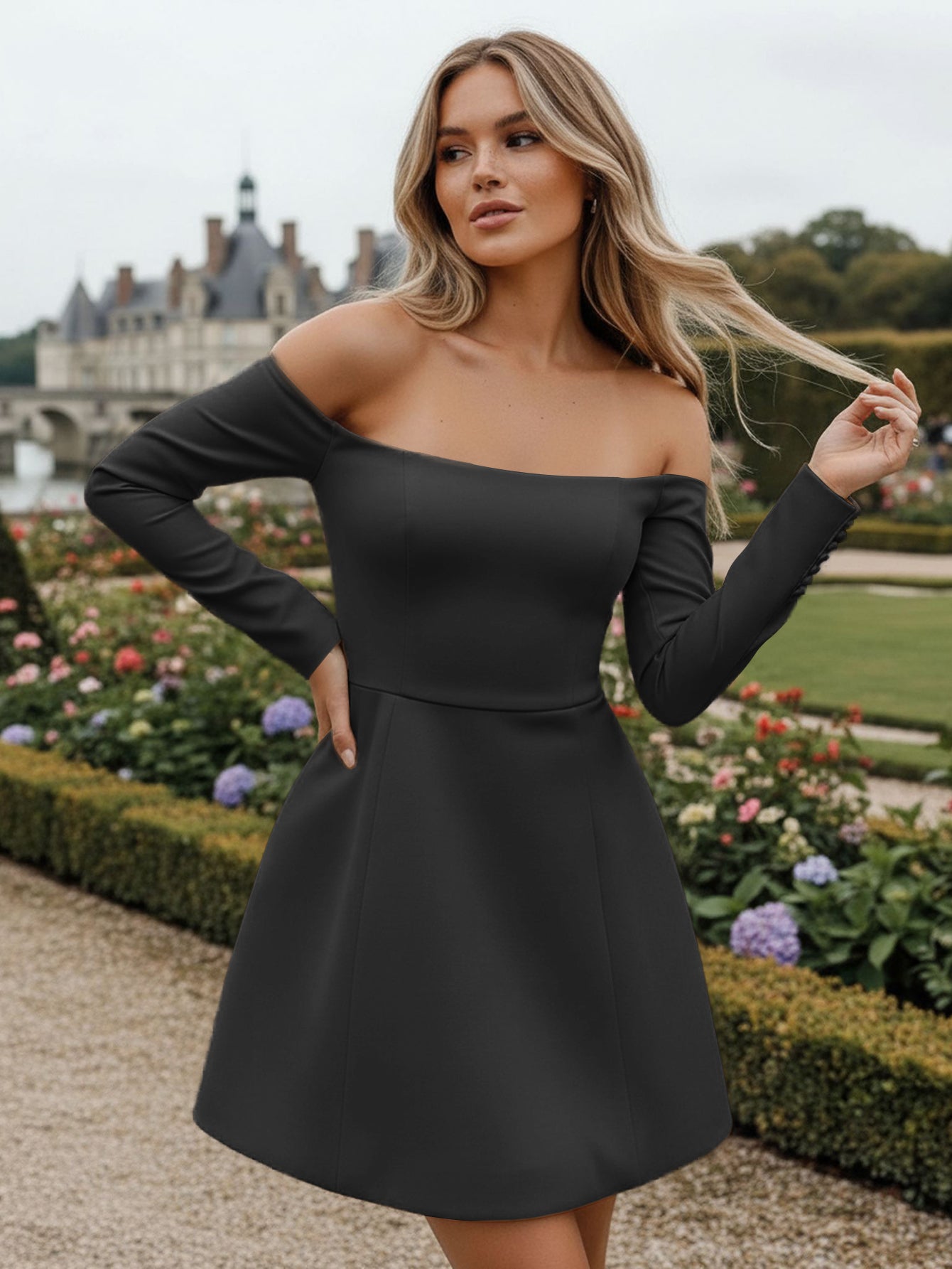 Off Shoulder Long Sleeves A-Line Satin Mini Prom Dress