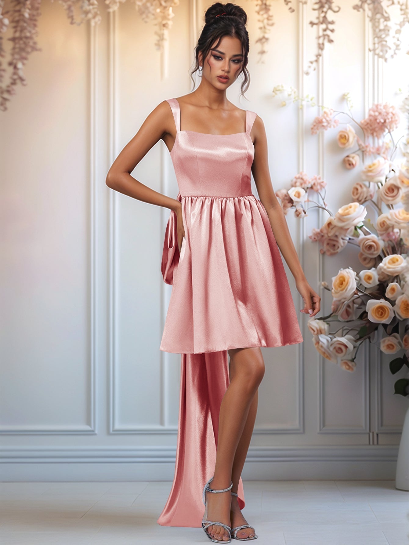 Square Knee Length Bridesmaid Dress With Removable Bow