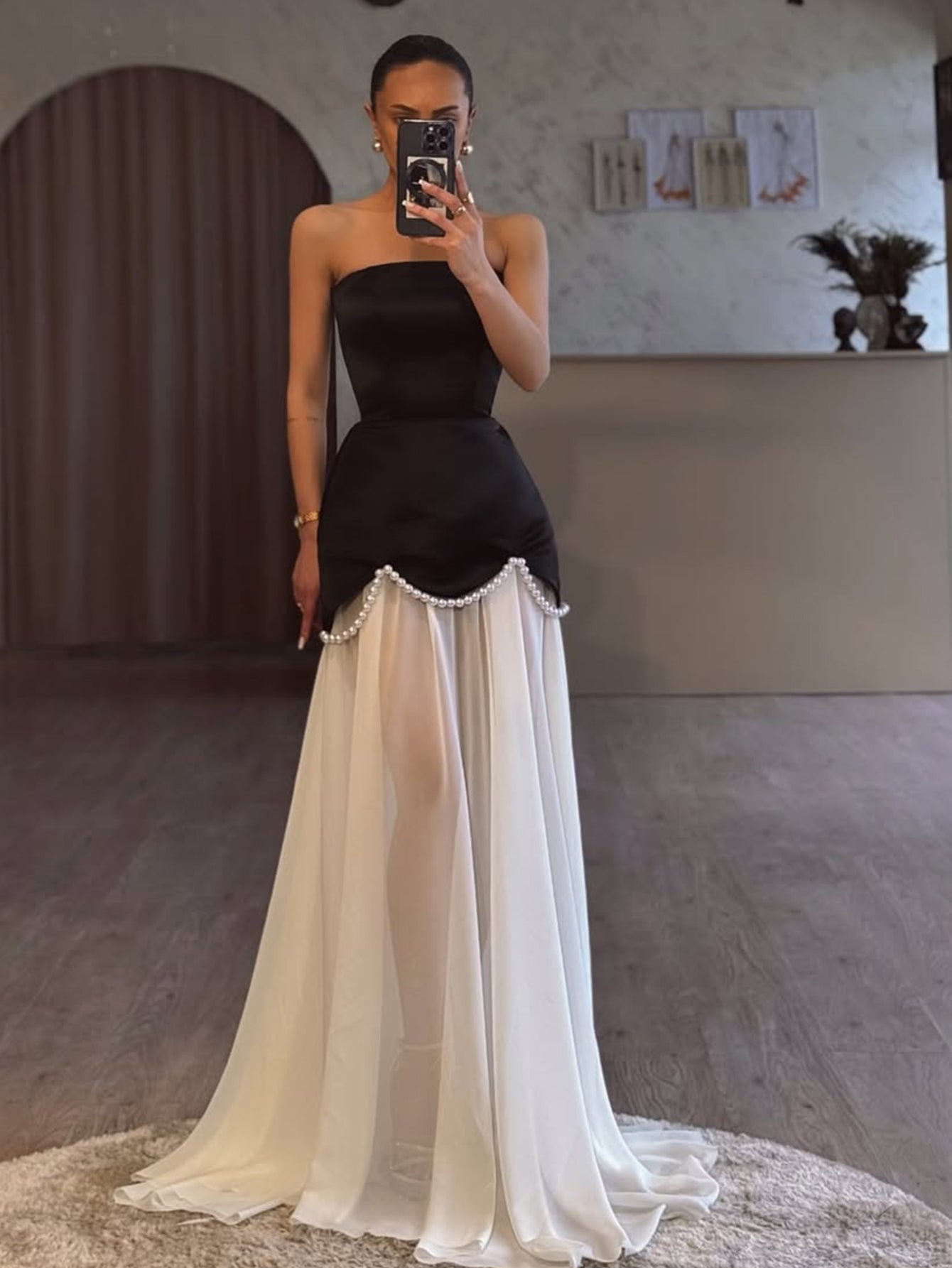 Hand Beading Strapless Two Pieces Pearl Prom Dress With Shawl - Black Worldprom Hand Beading Strapless Two Pieces Pearl Prom Dress With Shawl - Black Worldprom