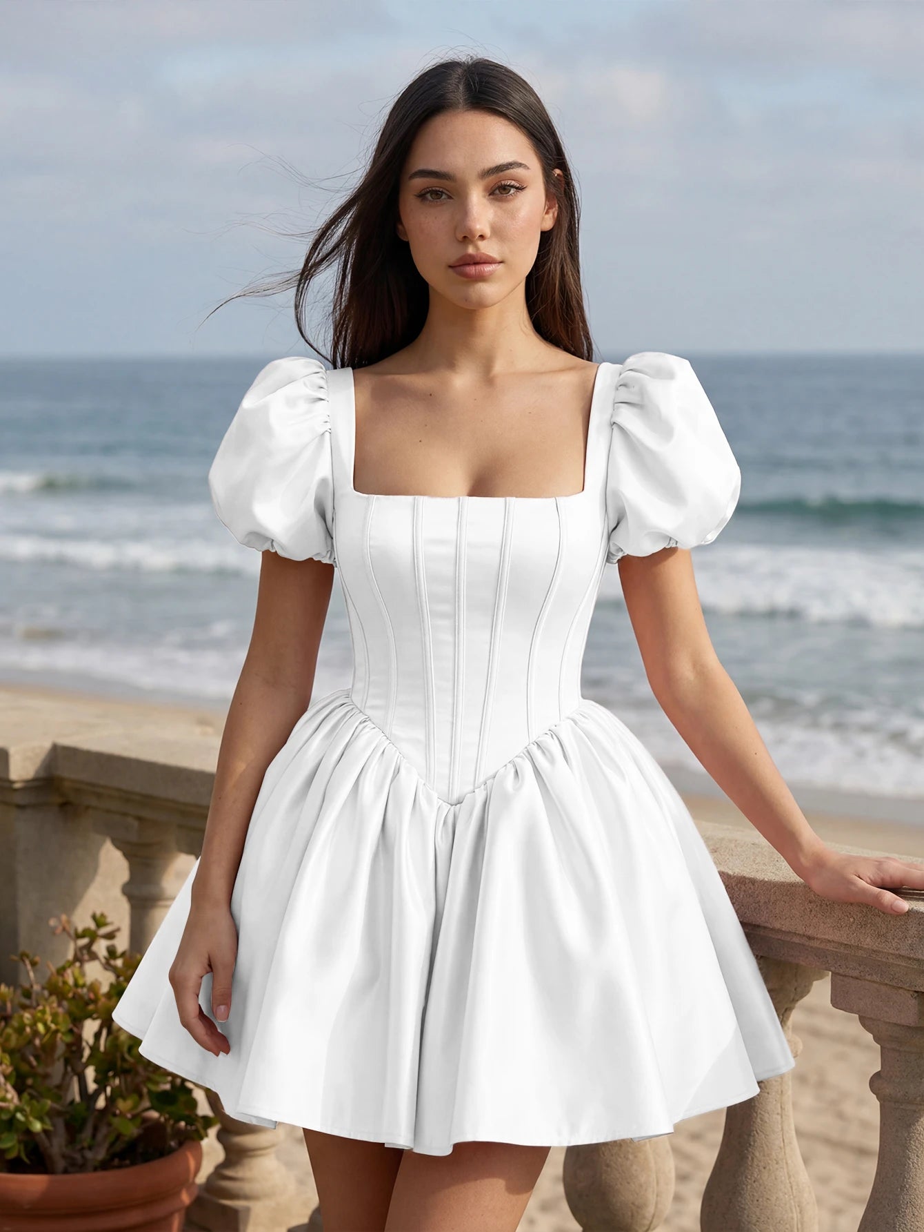 white puff sleeve corset dress Corset dress off-the-shoulder linen puff sleeve with boning and lace-up back