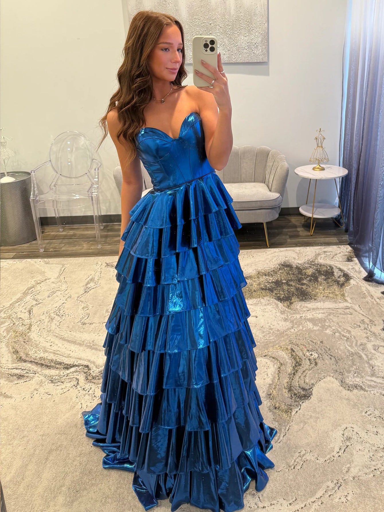 Ruffle Strapless Sparkly Ball Gown Prom Dress