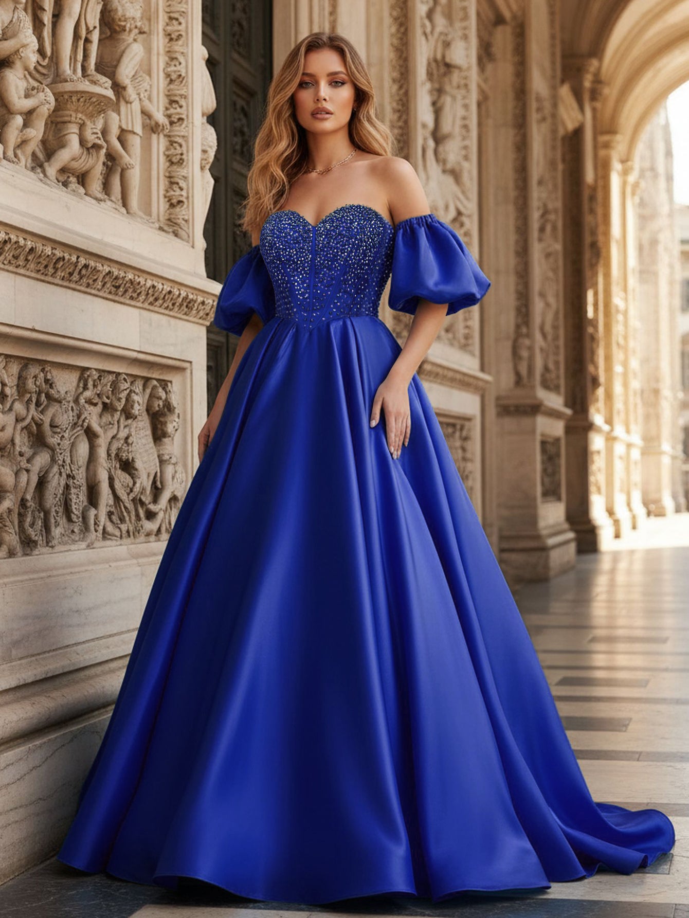 Off Shoulder Puff Sleeve Hot Fix Ball Gown Prom Dress