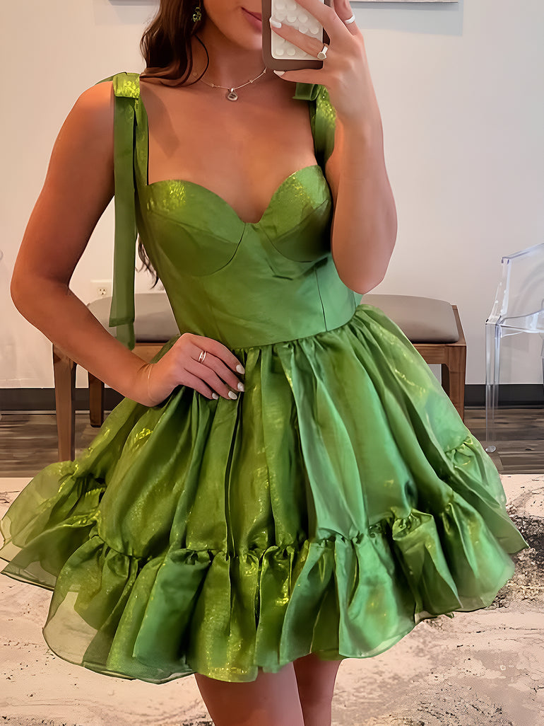 Layered Satin Mini Ball Gown Prom Dress With Bow - Sage Green