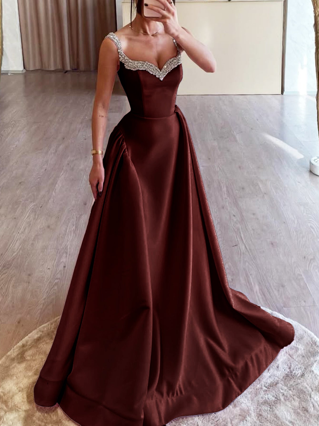 Sparkly Tank Sweetheart Neck Long Ball Gown Prom Dress in Burgundy