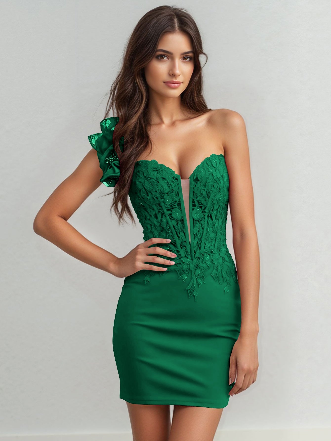 Lace Hand Made Floral Sheath Mini Prom Dress - Emerald Green Worldprom Lace Hand Made Floral Sheath Mini Prom Dress - Emerald Green Worldprom
