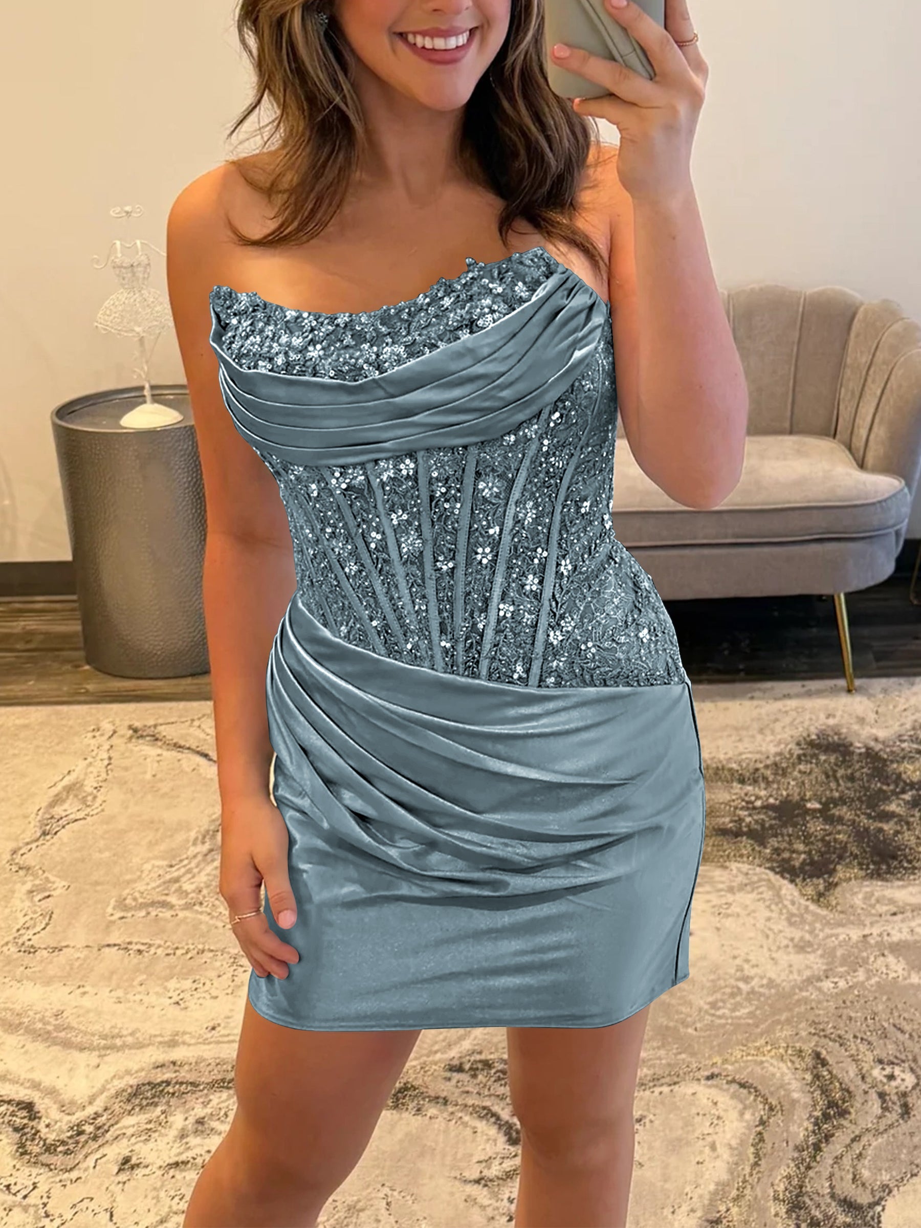 Pleated Lace Embroidery Boned Mini Prom Dress