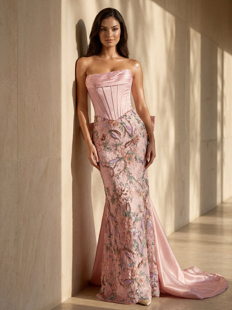 Pink Floral Beading Big Bow Floral Long Mermaid Prom Dress With Drop Train