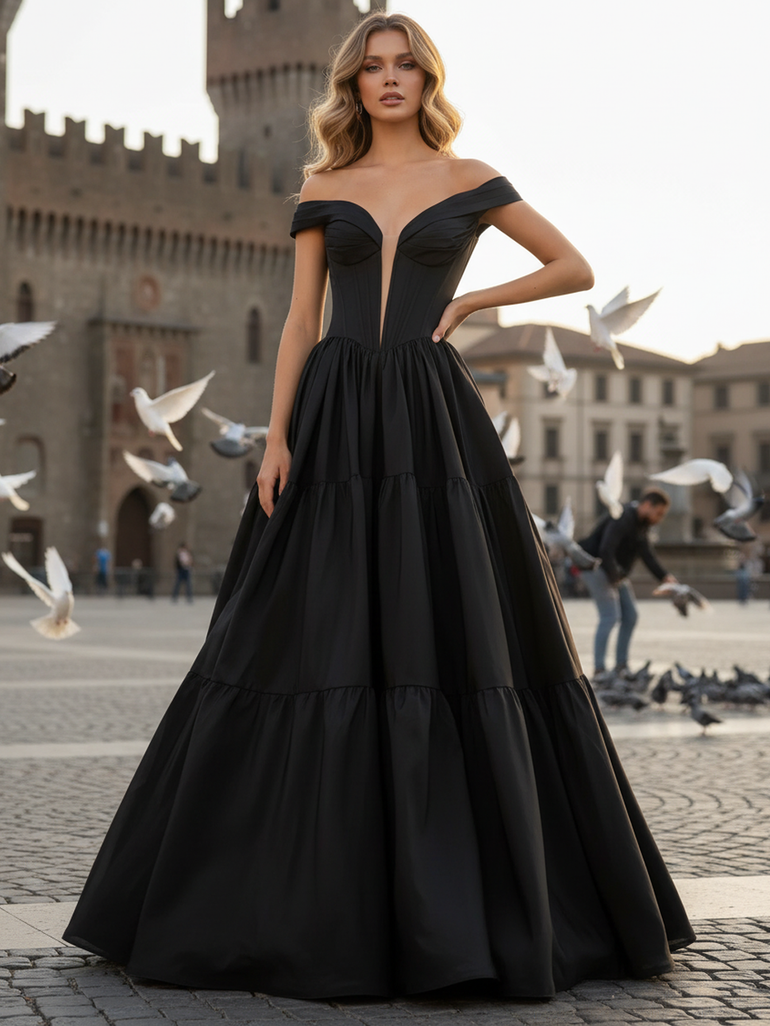 Navy Blue Off-the-Shoulder Satin Long Ball Gown Corset Prom Dress