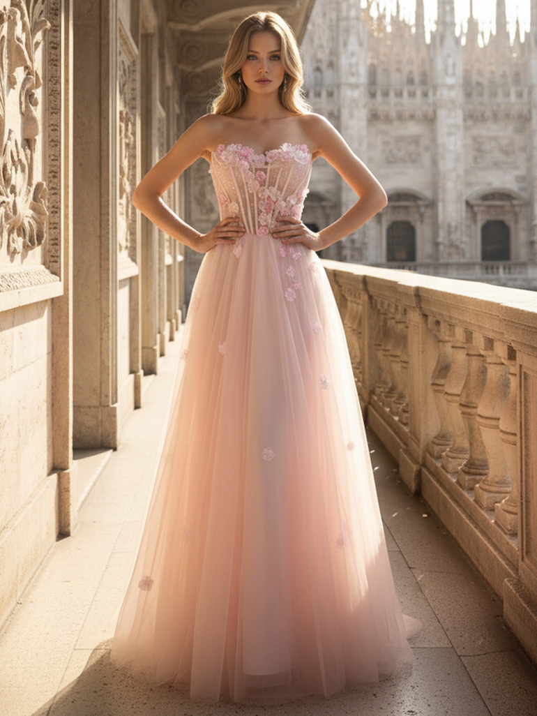 Light Pink 3D Flowers Illusion Bodice A-Line Long Prom Dress