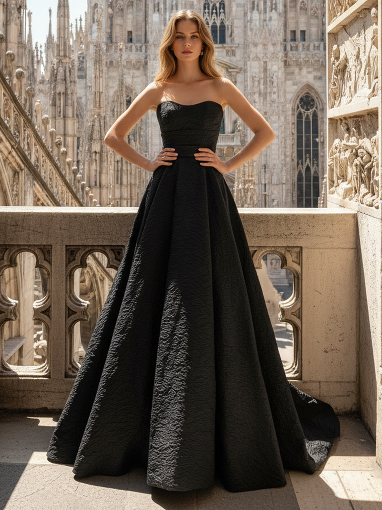 Black Floral Strapless Corset A-Line Floor Length Prom Dress