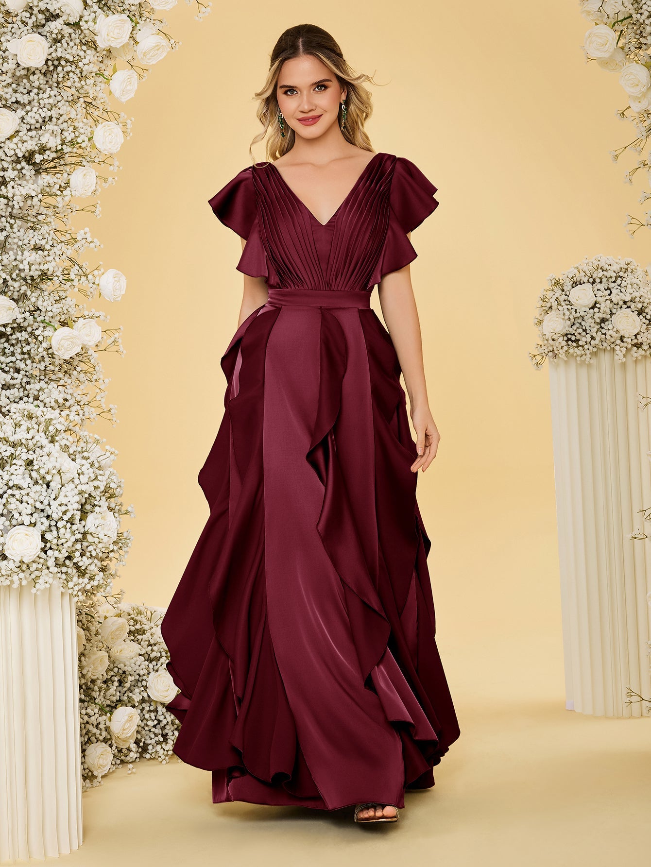 V-Neck Acetate Satin Bridesmaid Dress With Ruffle Hem