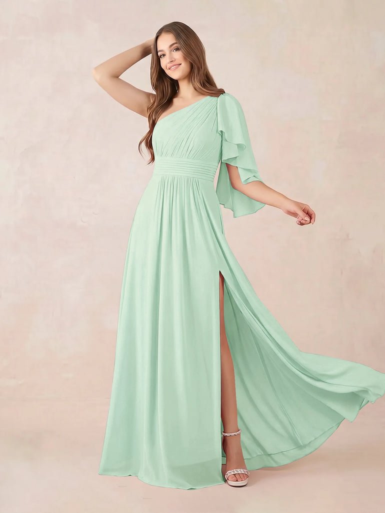 Pink One Shoulder Chiffon A-Line Maxi Bridesmaid Dress with Slit