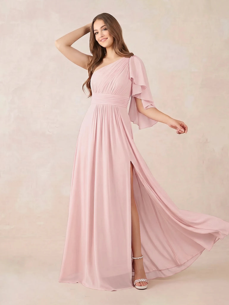 Pink One Shoulder Chiffon A-Line Maxi Bridesmaid Dress with Slit