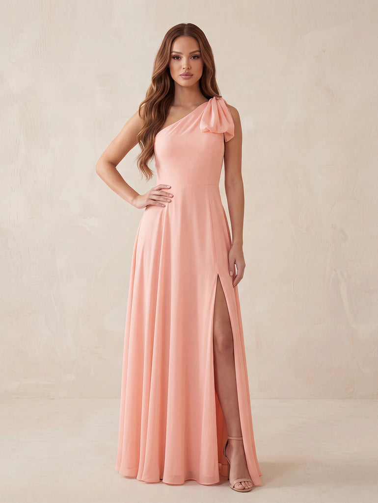 Pink Bow One Shoulder Chiffon A-Line Long Bridesmaid Dress with Slit