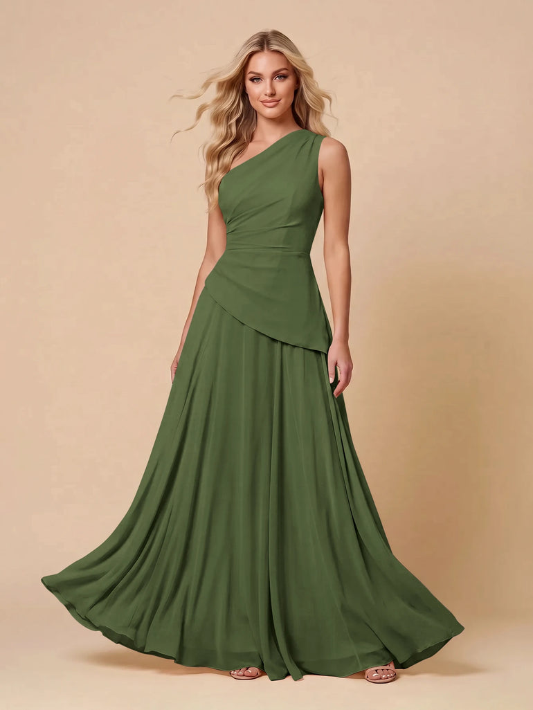 Yellow Chiffon Pleated A-Line One Shoulder Long Bridesmaid Dress