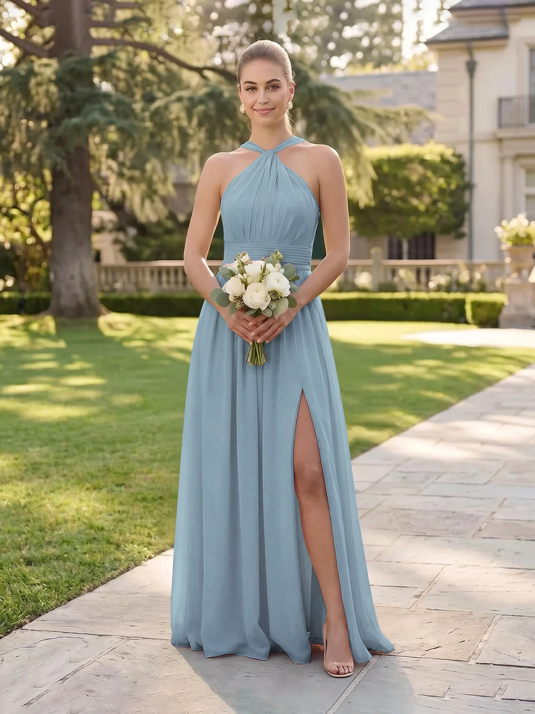 Dusty Blue Halter Neck Chiffon Long A-Line Bridesmaid Dress
