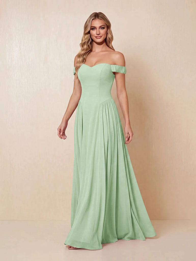 Wisteria Chiffon Ruched Off Shoulder A-Line Long Bridesmaid Dress