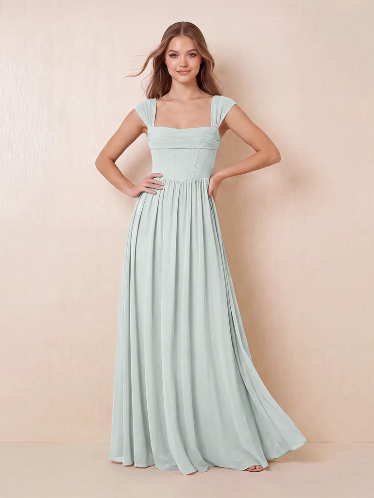 Agave Square Neck Chiffon A-Line Ruched Long Bridesmaid Dress