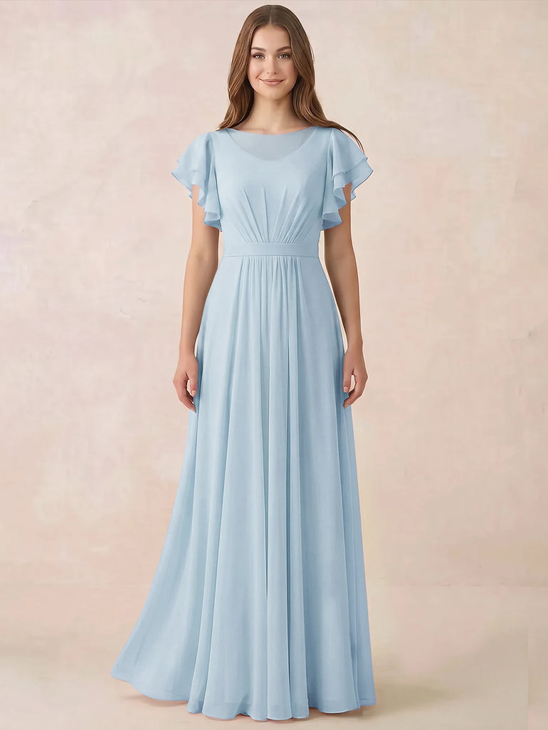 Sky Blue Chiffon Flutter Sleeve  A-Line Long Bridesmaid Dress