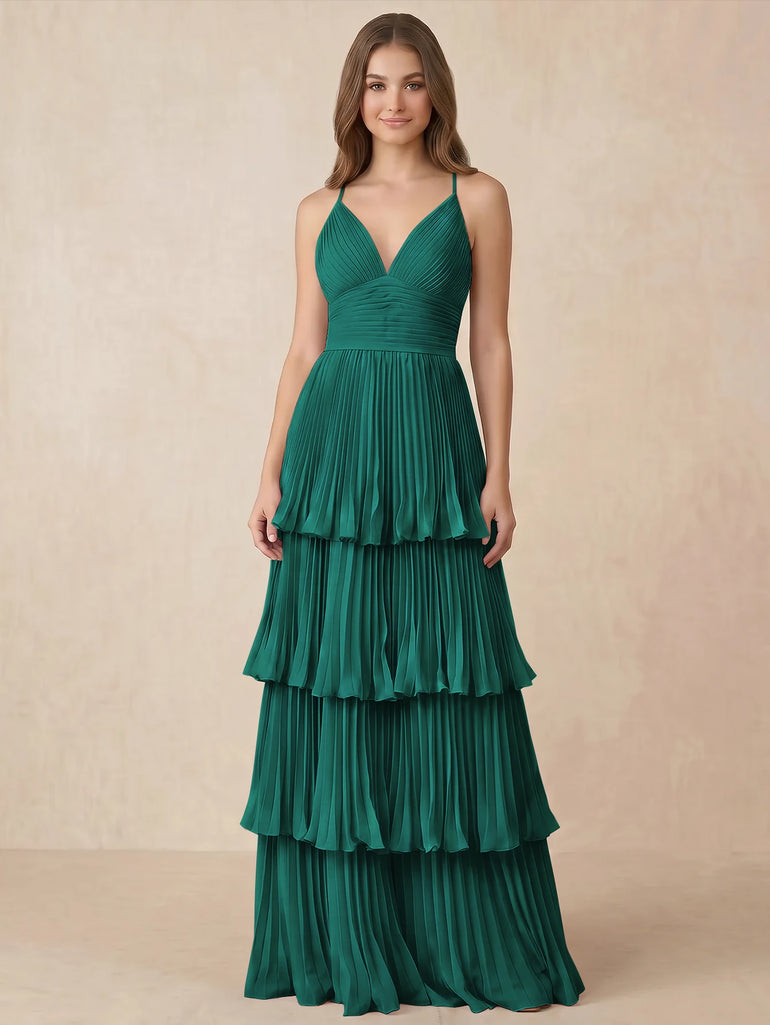 Teal Spaghetti Straps Pleated Chiffon Tiered Long A-Line Bridesmaid Dress