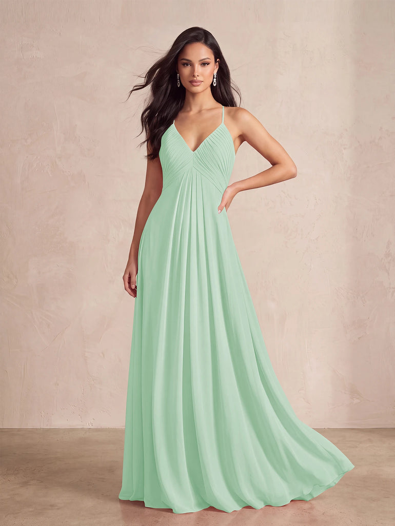 Red Spaghetti Straps Chiffon Ruched A-Line Long Bridesmaid Dress