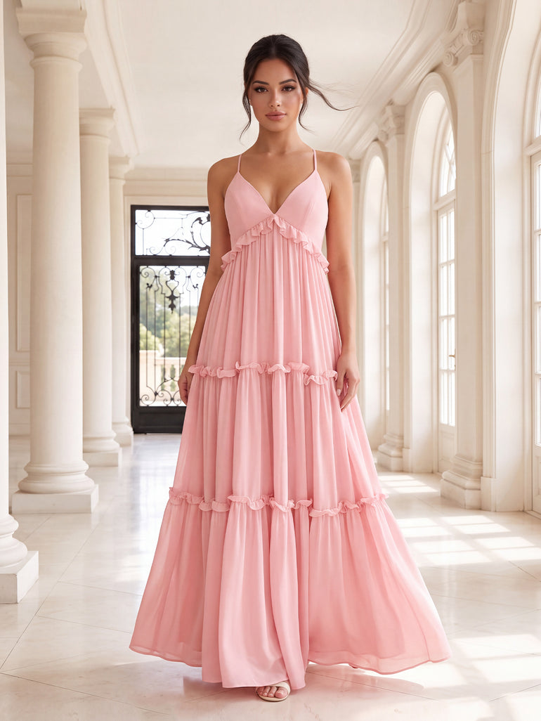 Blush Pink Chiffon Tiered Ruffle Maxi Spaghetti Strap Backless A-Line Bridesmaid Dress
