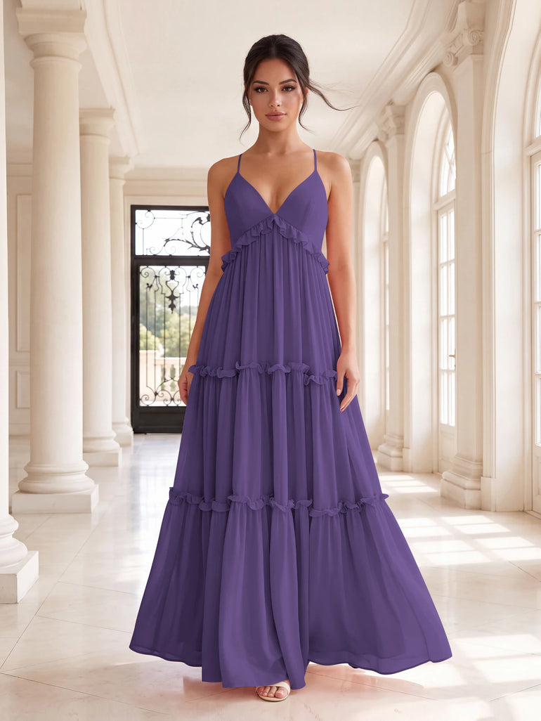 Blush Pink Chiffon Tiered Ruffle Maxi Spaghetti Strap Backless A-Line Bridesmaid Dress