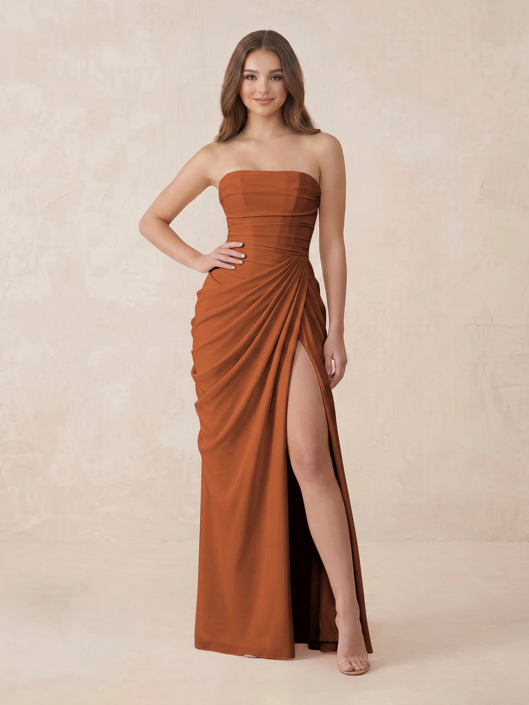 Burnt Orange Chiffon Ruched Mermaid Slit Bridesmaid Dress with Strapless