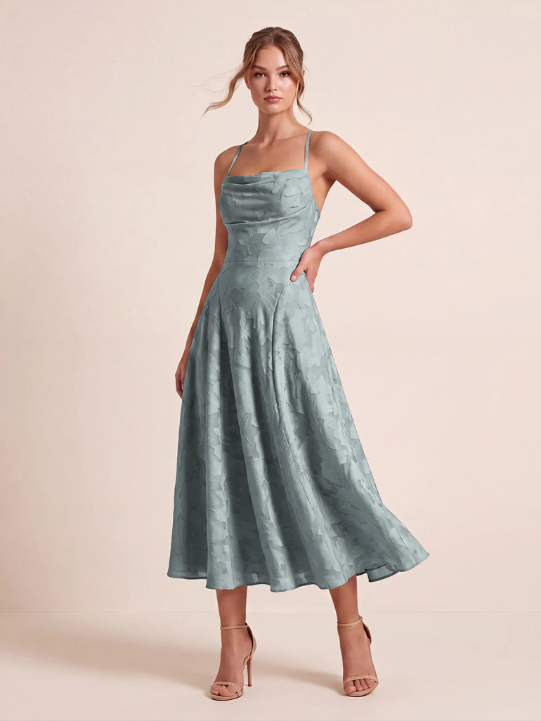 Dusty Blue Spaghetti Straps Jacquard Floral Midi A-Line Bridesmaid Dress