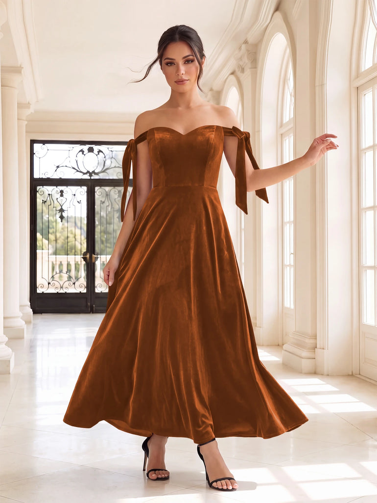 Burgundy Velvet Off-Shoulder Bow Tie-Strap A-Line Midi Bridesmaid Dress