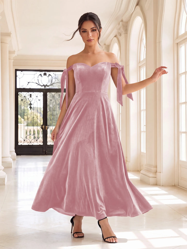 Burgundy Velvet Off-Shoulder Bow Tie-Strap A-Line Midi Bridesmaid Dress
