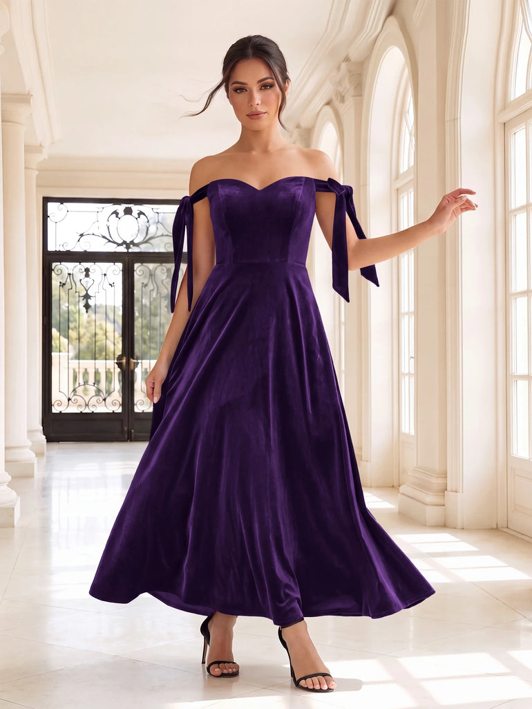 Burgundy Velvet Off-Shoulder Bow Tie-Strap A-Line Midi Bridesmaid Dress