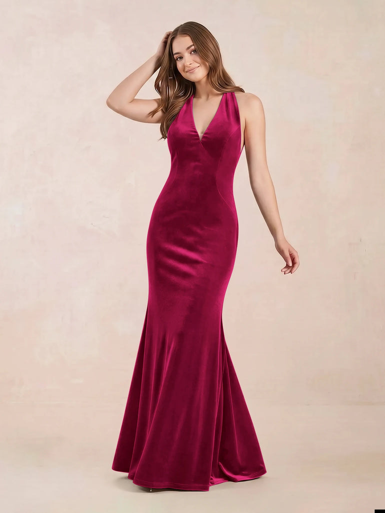 Fuchsia Halter Neck Velvet Mermaid Maxi Bridesmaid Dress