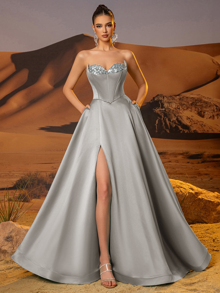 Boned Sparkly Lace A-Line Prom Dress With Pocket - Silver