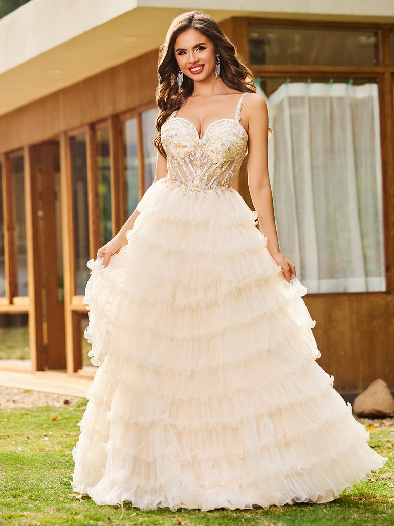 Champagne Sheer Bodice Lace Embroidery Layered Tulle Long Ball Gown Prom Dress
