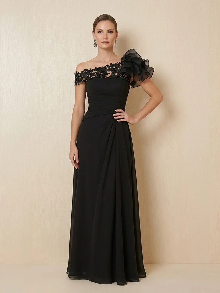 Floral Lace One Shoulder Chiffon A-Line Mother of the Bride Dress with Ruffled in Black