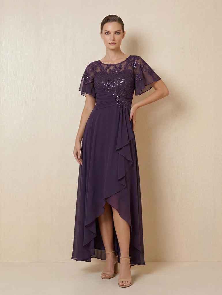 Sequin Lace Flutter Sleeve Chiffon Ruffled Hi-Lo Mother of the Bride Dress in Plum