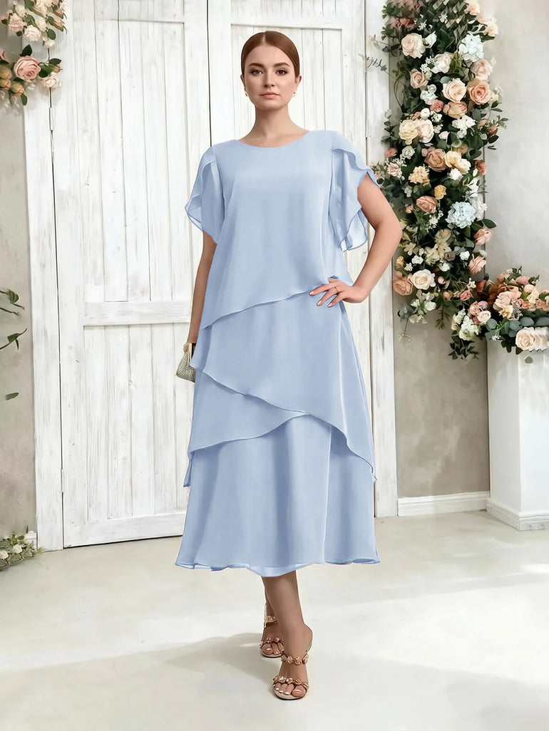 Tea Length Chiffon Tiered Mother of the Bride Dress with Sleeve in Lavender