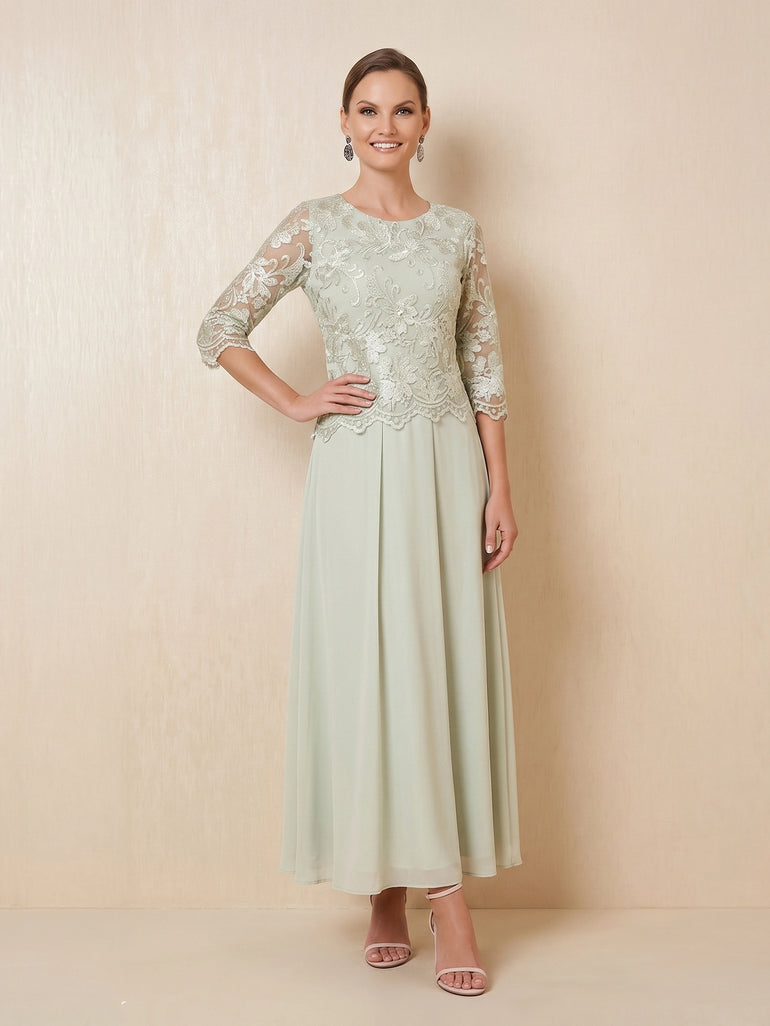 Sheer 3/4 Long Sleeve Lace Chiffon A-Line Mother of the Bride Dress in Agave