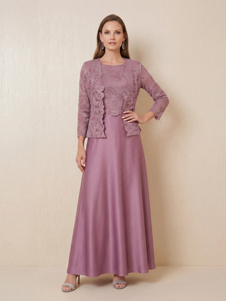 Silk Satin Lace 3/4 Sleeve 2 Pieces Mother of the Bride Dress in Mauve