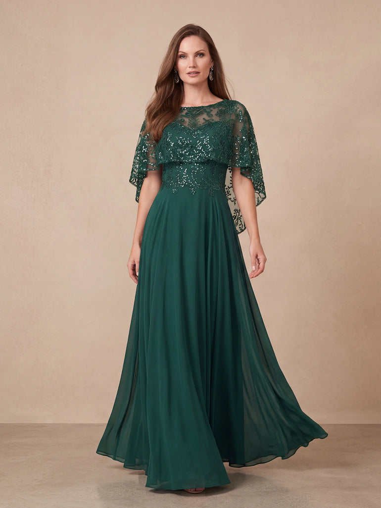 Sequin Lace Flutter Sleeve Chiffon Maxi Mother of the Bride Dress in Teal