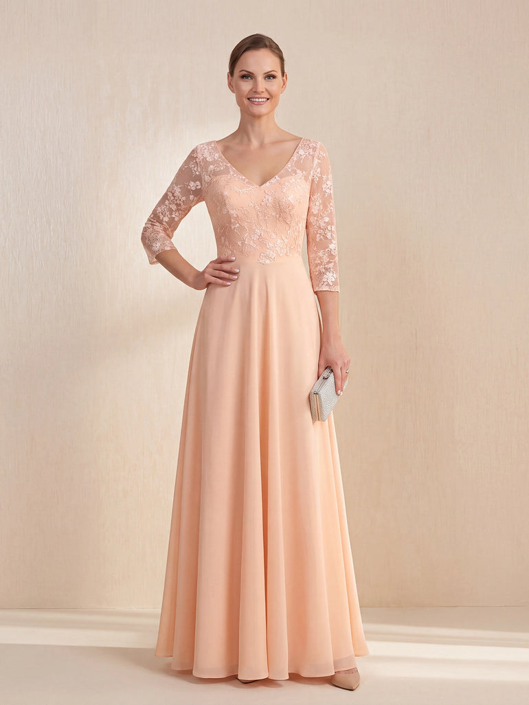 3/4 Long Sleeves Chiffon Lace V-Neck A-Line Mother of the Bride Dress in Peach