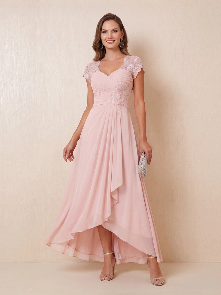 Cap Sleeve V-Neck Chiffon Lace Mother of the Bride Dress with Slit in Pink