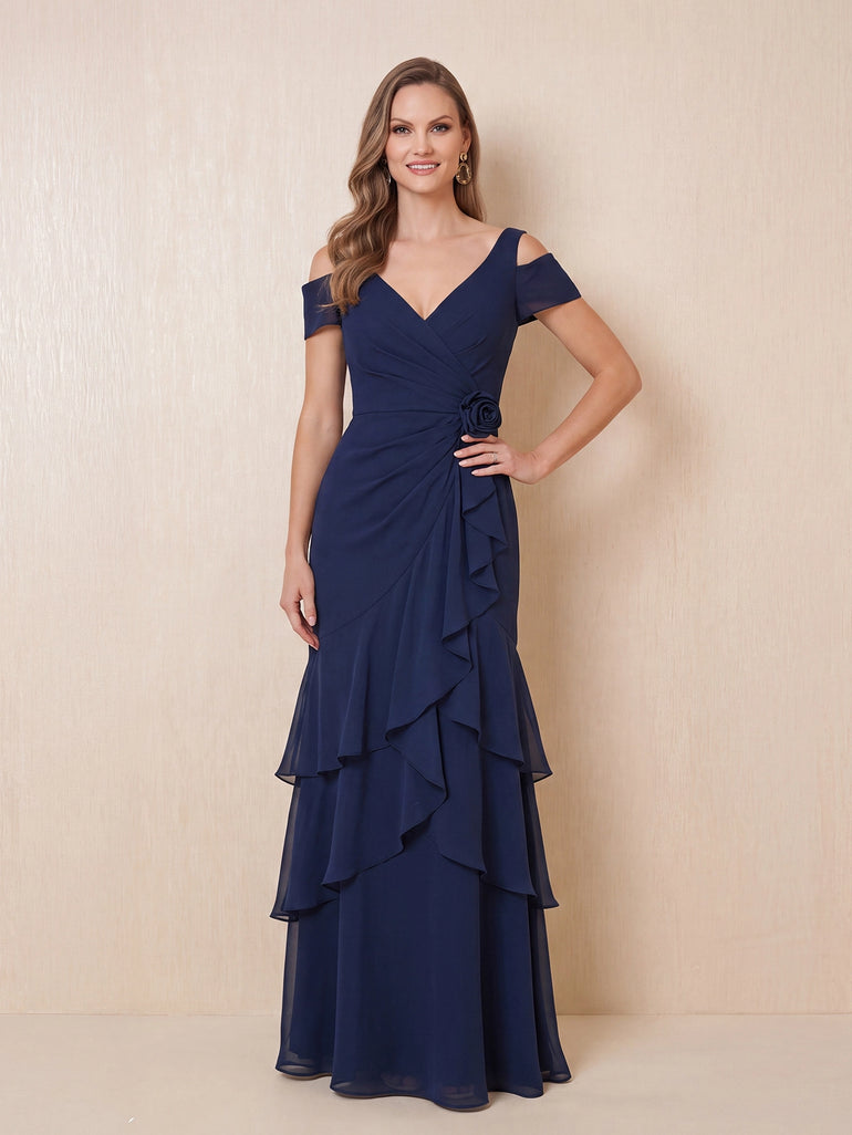 Cold Shoulder V-Neck Chiffon Tiered Mermaid Mother of the Bride Dress in Navy