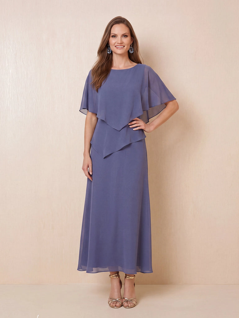 Flutter Sleeve Chiffon Ankle Length A-Line Mother of the Bride Dress in Steel Blue