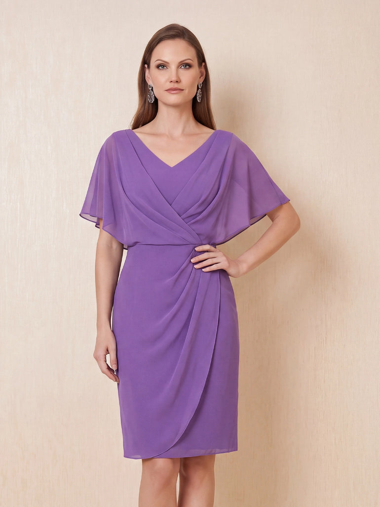 Flutter Sleeve V-Neck Chiffon Sheath Midi Mother of the Bride Dress in Violet