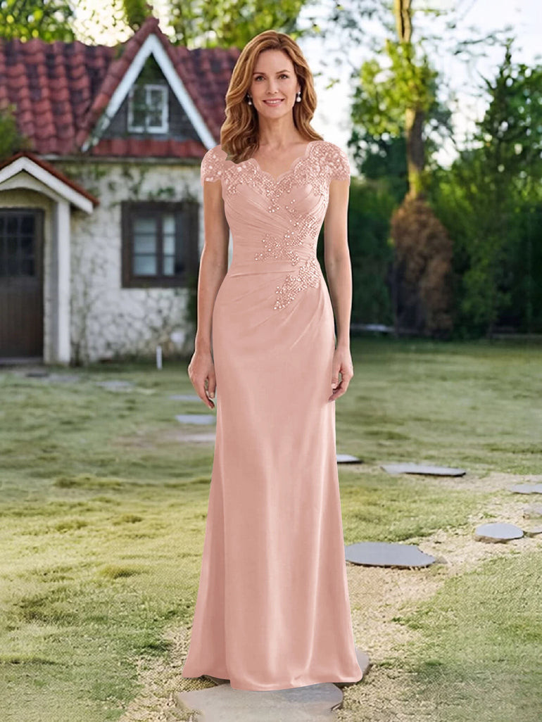 Cap Sleeve V-Neck Chiffon Lace Applique Mother of the Bride Dress in Blush Pink