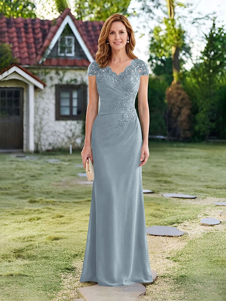 Cap Sleeve V-Neck Chiffon Lace Applique Mother of the Bride Dress in Dusty Blue